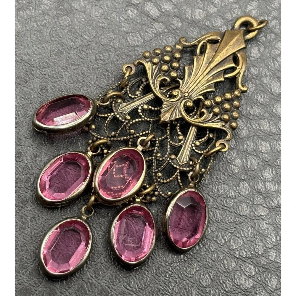 VTG Nouveau Revival Brass Tone Crystal Station Pendant Filigree Chandelier Style